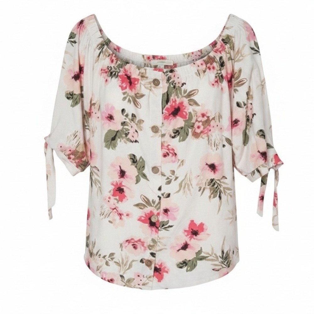 Full Circle Trends Off the Shoulder White Floral Blouse with Tie Sleeves 3X